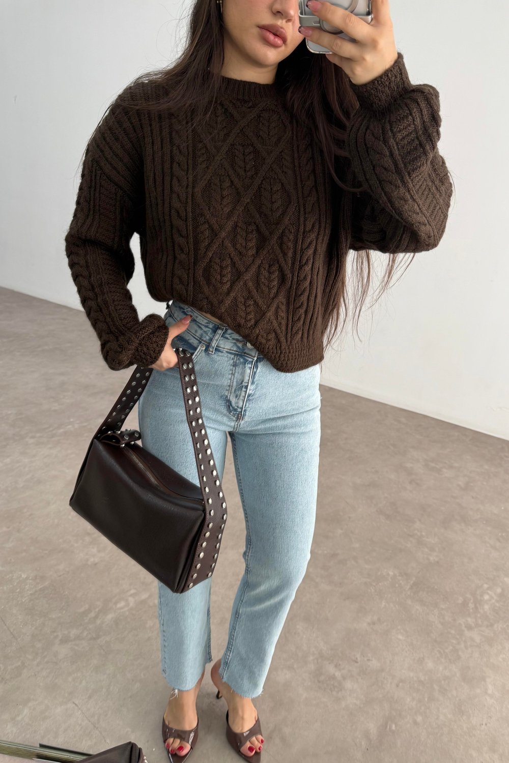 Zımbalı Deri Baget Acı Kahve Çanta