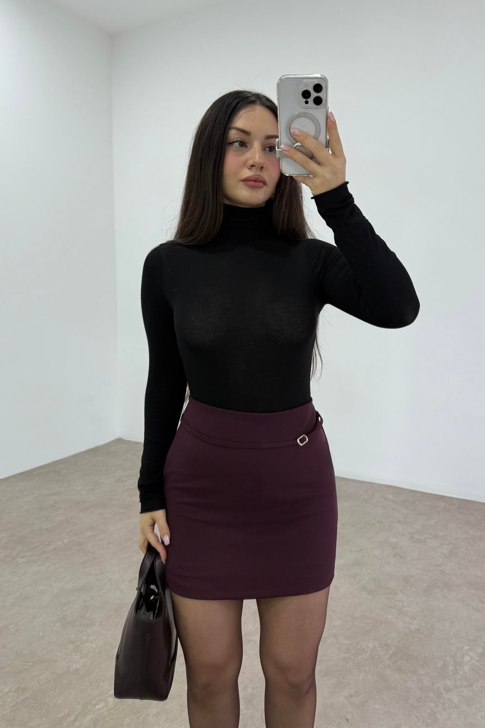 Zra Krep İçi Şortlu Yüksek Belli Mürdüm  Etek