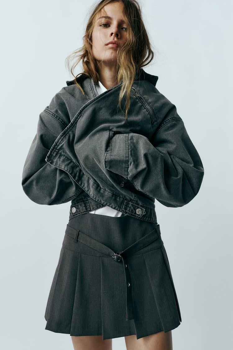 ZRA Pileli Gri Ekose Şort Etek