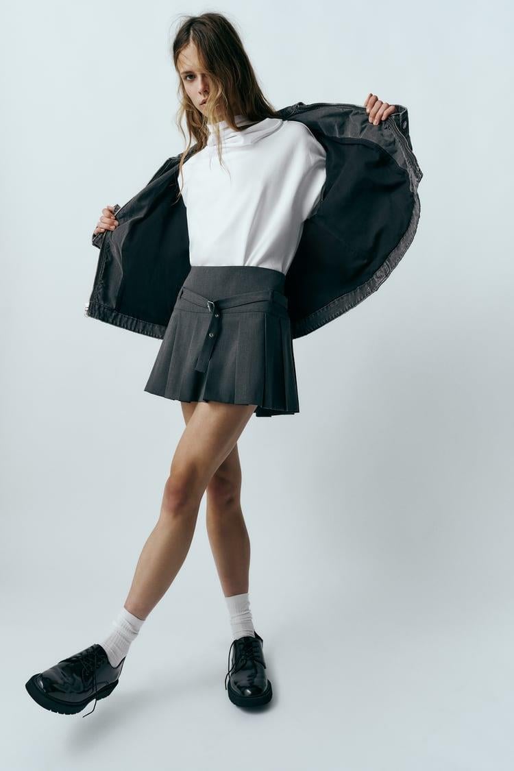 ZRA Pileli Gri Ekose Şort Etek