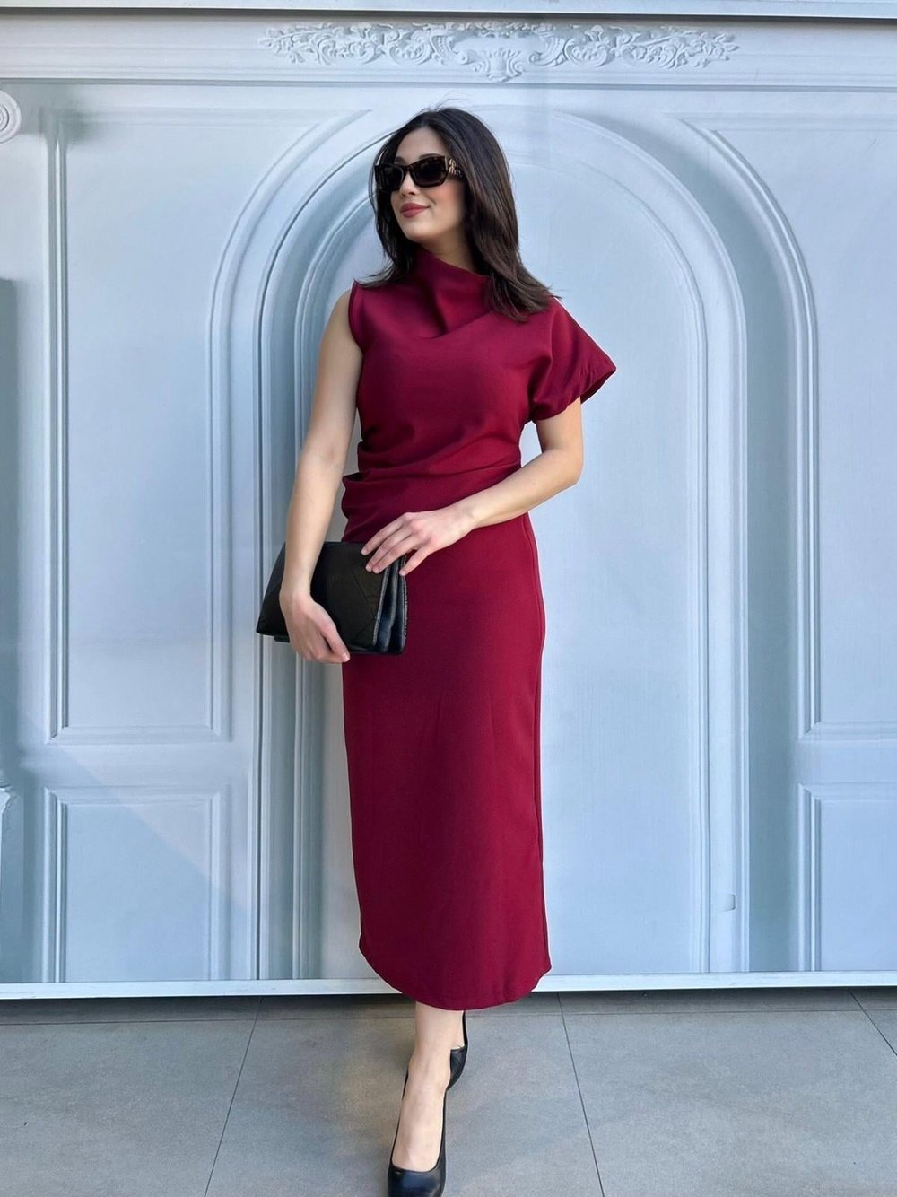 ASİMETRİK.BORDO.ELBİSE
