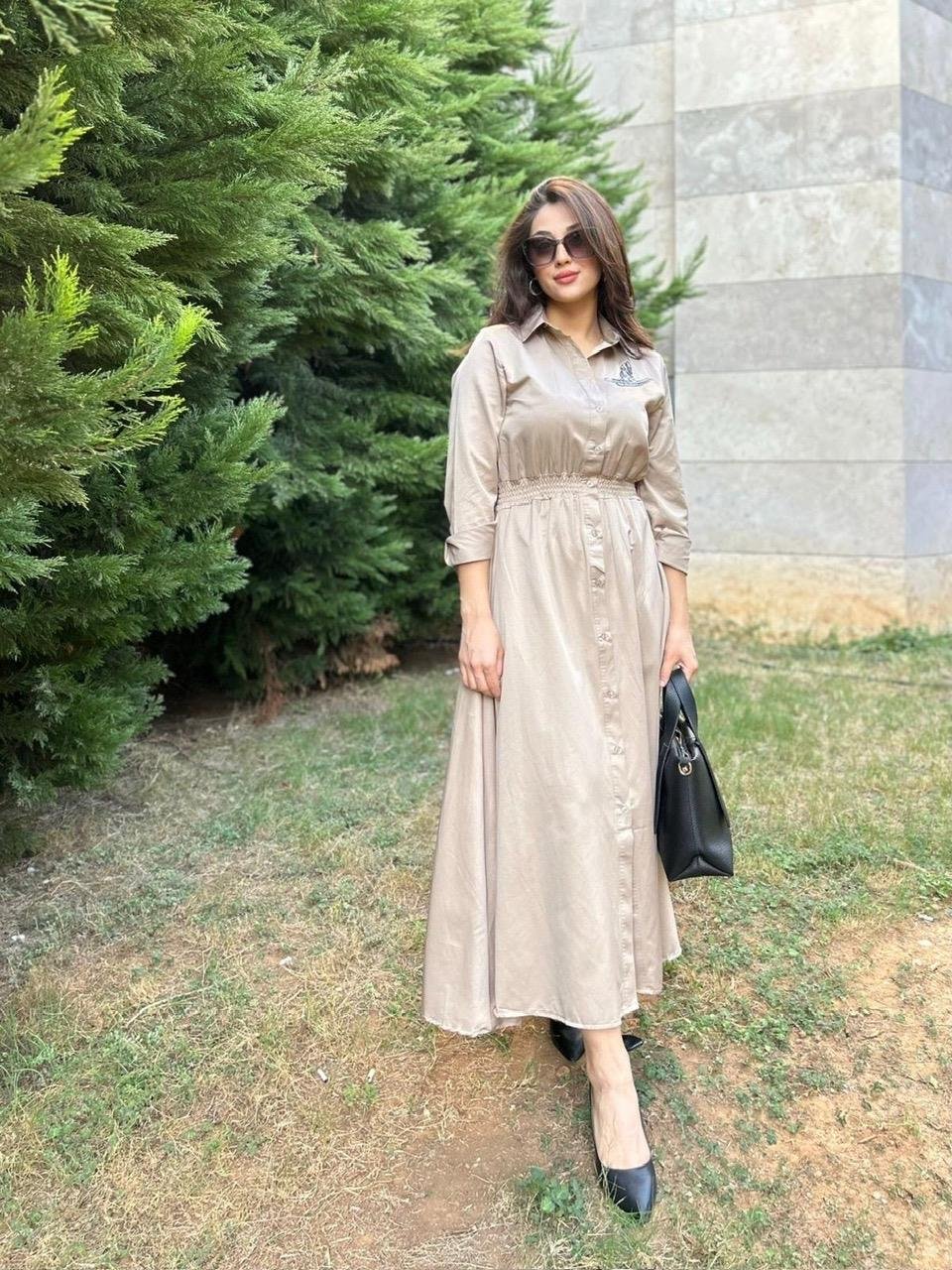 PREMİUM BEJ KUŞLU ELBİSE