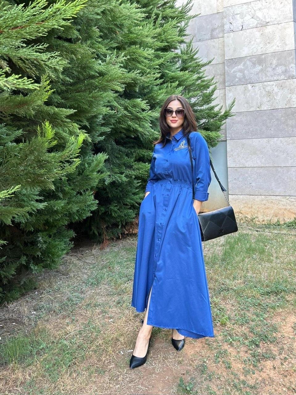 PREMİUM MAVİ KUŞLU ELBİSE