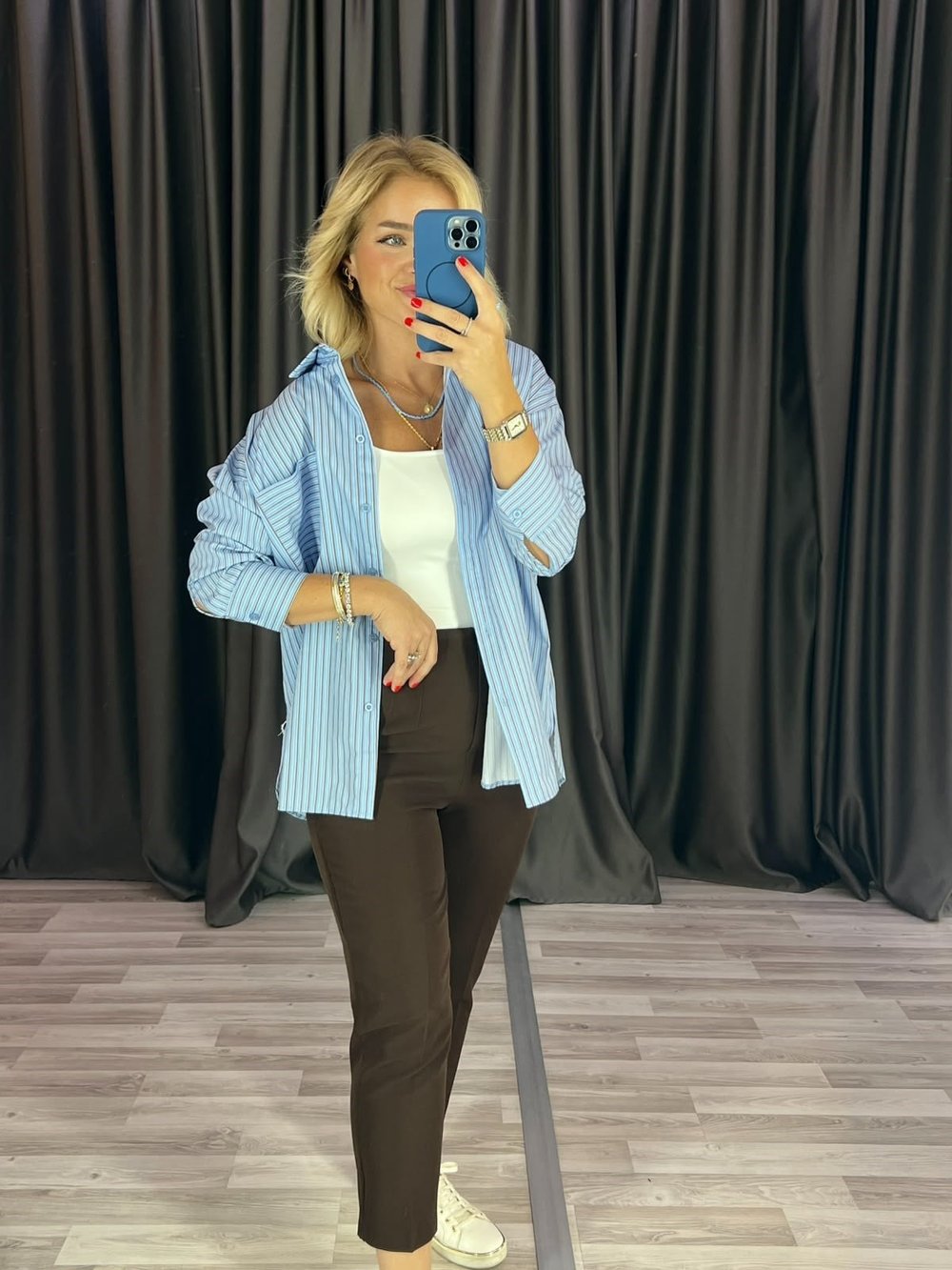 Kahve Beyaz Çizgili Mavi Poplin Rbn Gömlek