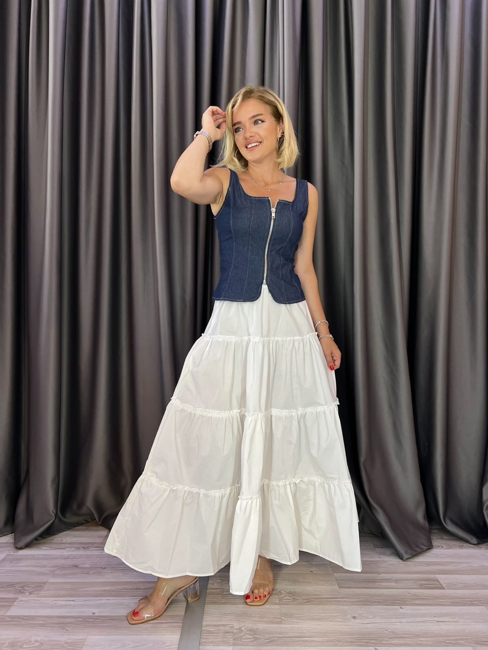 Korsajlı Fermuarlı Jean Fit Yelek 