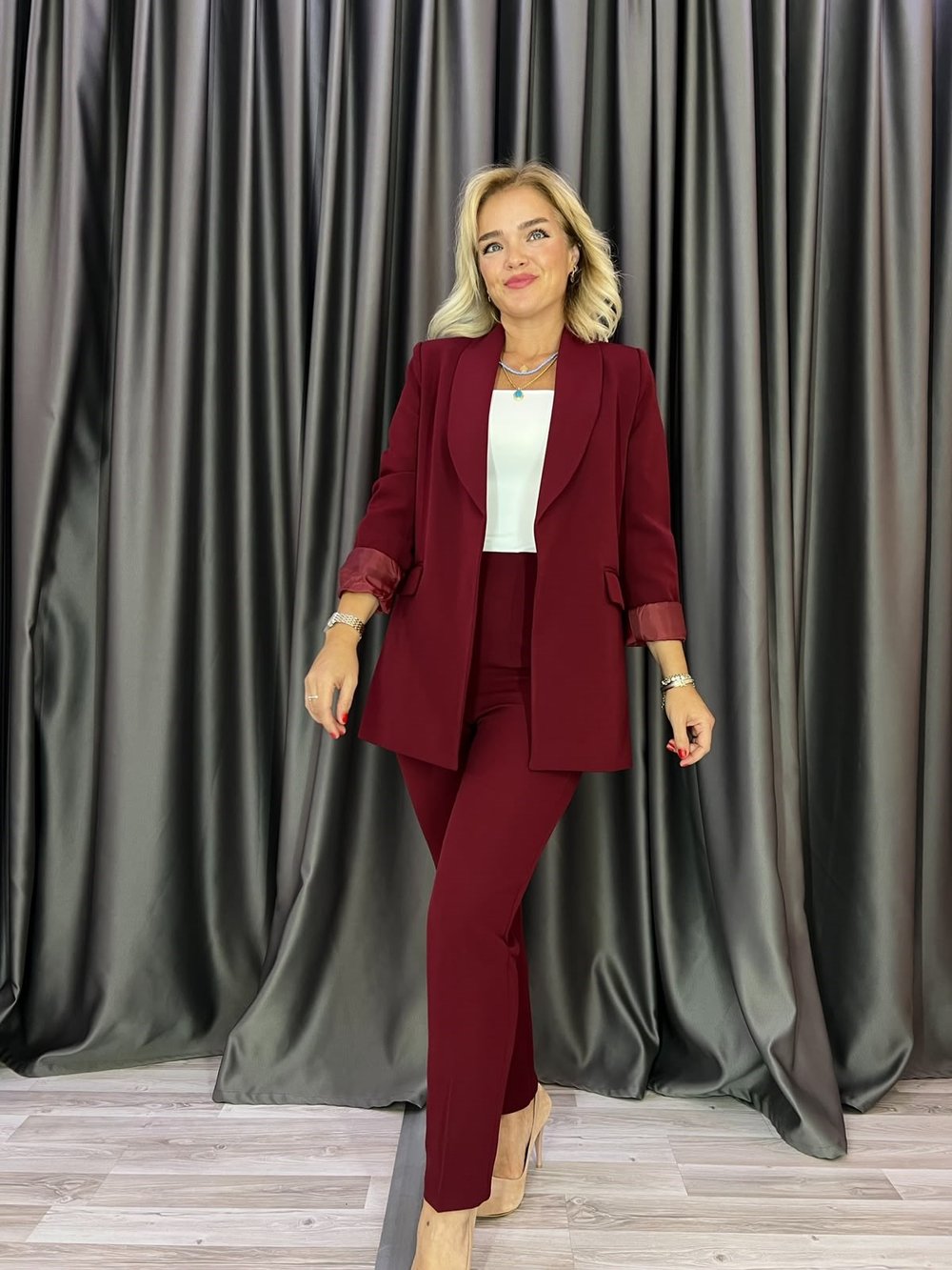 Zr Model Düğmesiz Bordo Blazer Ceket