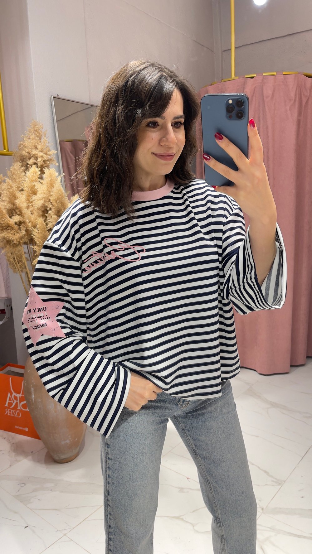 ÇİZGİLİ BASKI DETAY SWEATSHİRT-PEMBE