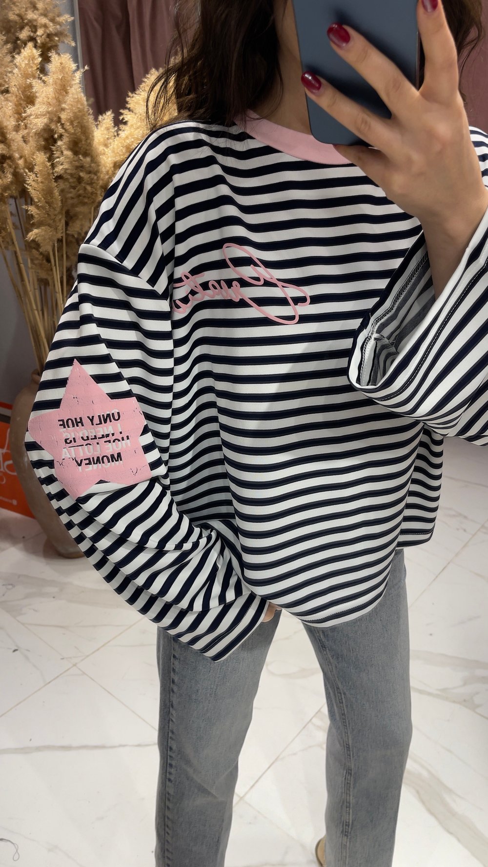 ÇİZGİLİ BASKI DETAY SWEATSHİRT-PEMBE