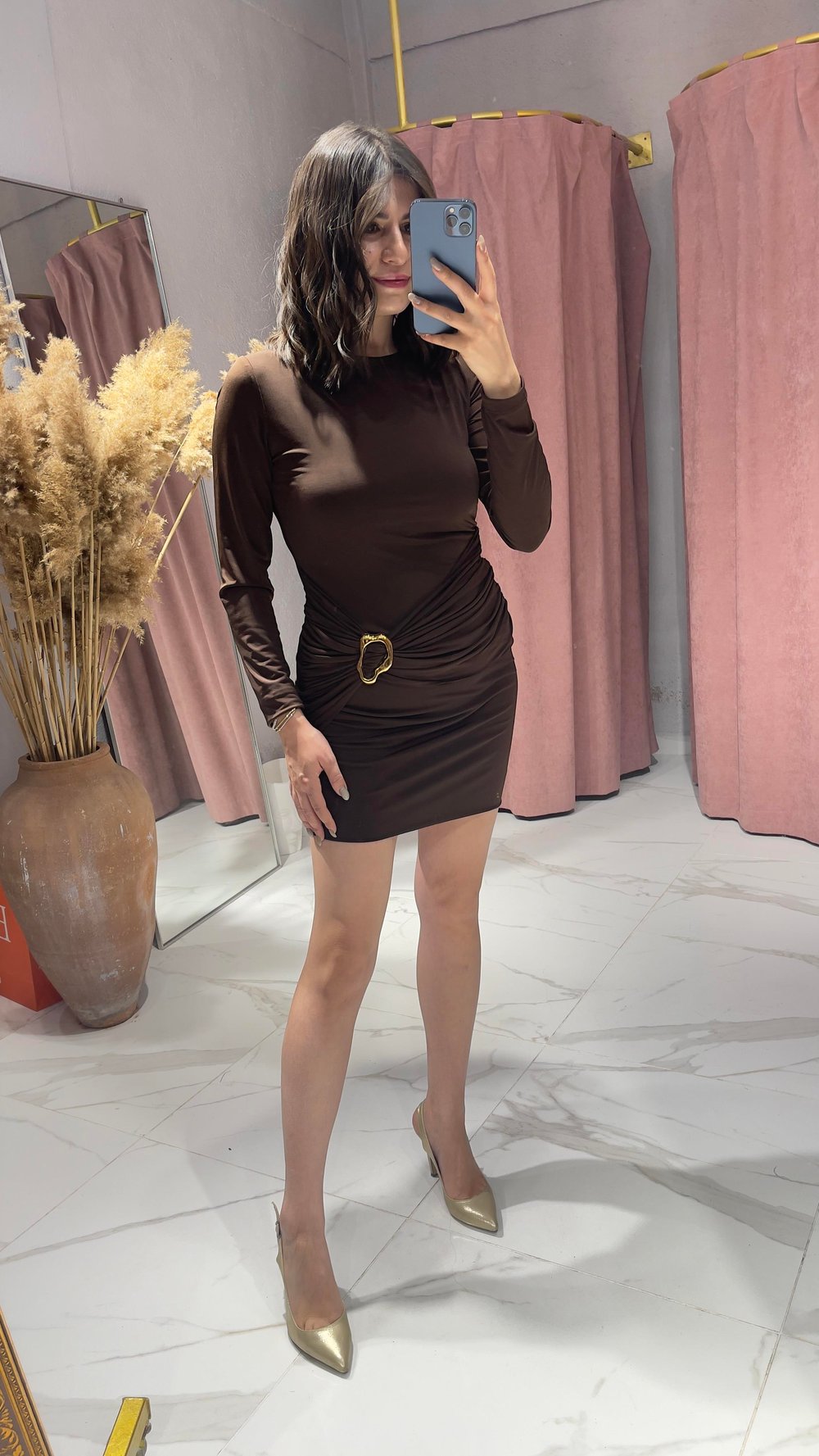 GOLD TOKALI SANDY KUMAŞ ELBİSE-KAHVERENGİ