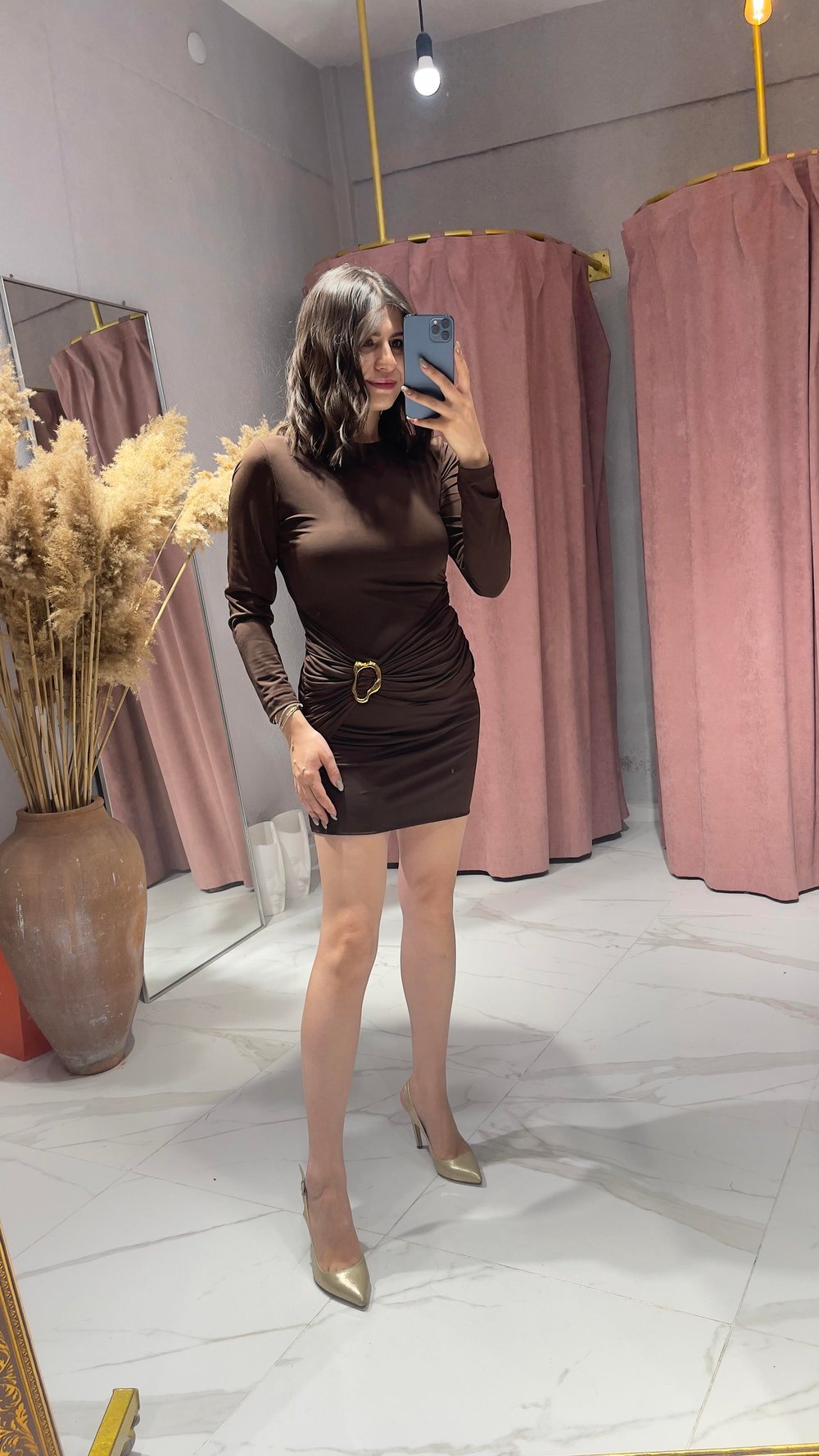 GOLD TOKALI SANDY KUMAŞ ELBİSE-KAHVERENGİ