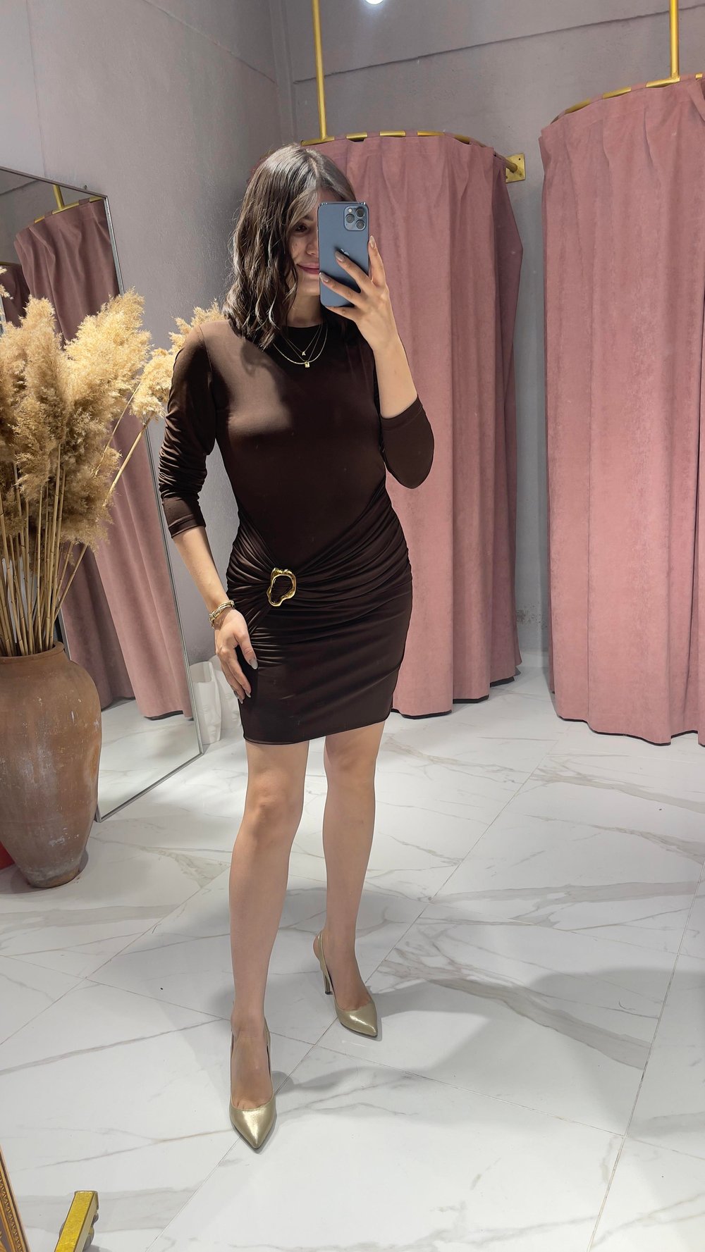 GOLD TOKALI SANDY KUMAŞ ELBİSE-KAHVERENGİ