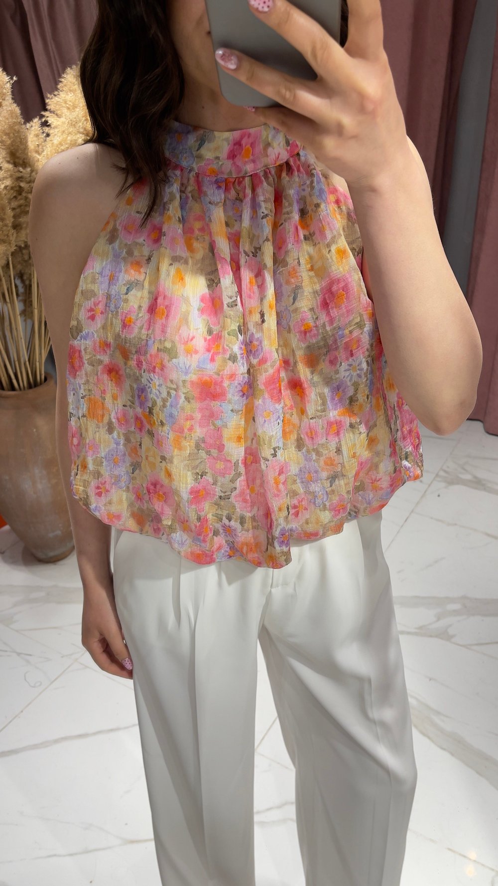 Halter Yaka Desenli Bluz-PEMBE