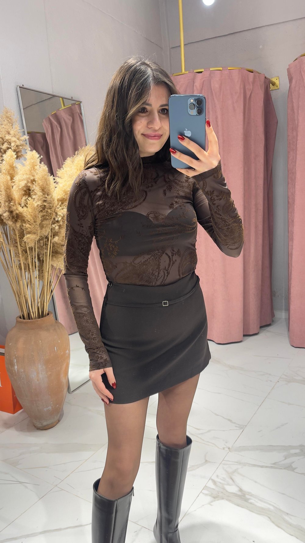 KADİFE ETNİK DESEN TRANSPARAN BLUZ-KAHVE