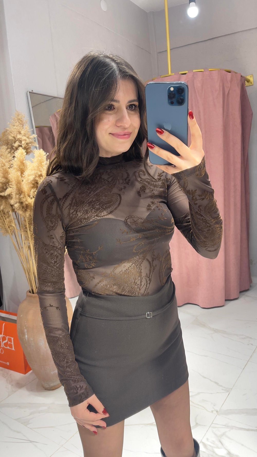 KADİFE ETNİK DESEN TRANSPARAN BLUZ-KAHVE