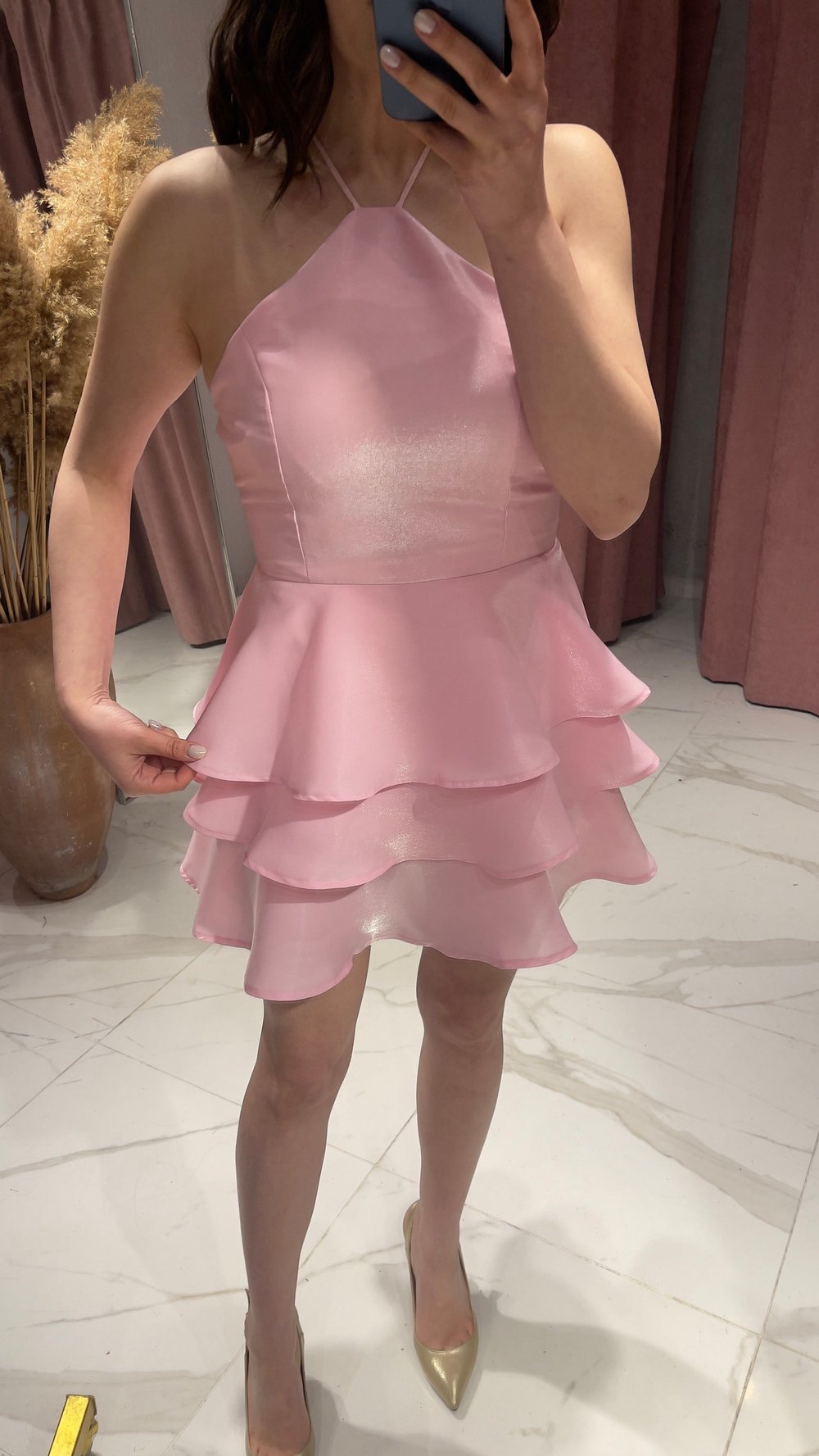 SATEN IŞILTILI VOLAN ELBİSE-PEMBE