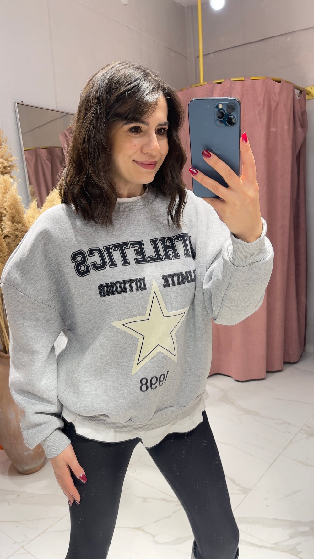 Yıldız Baskı Detaylı Sweatshirt-GRİ