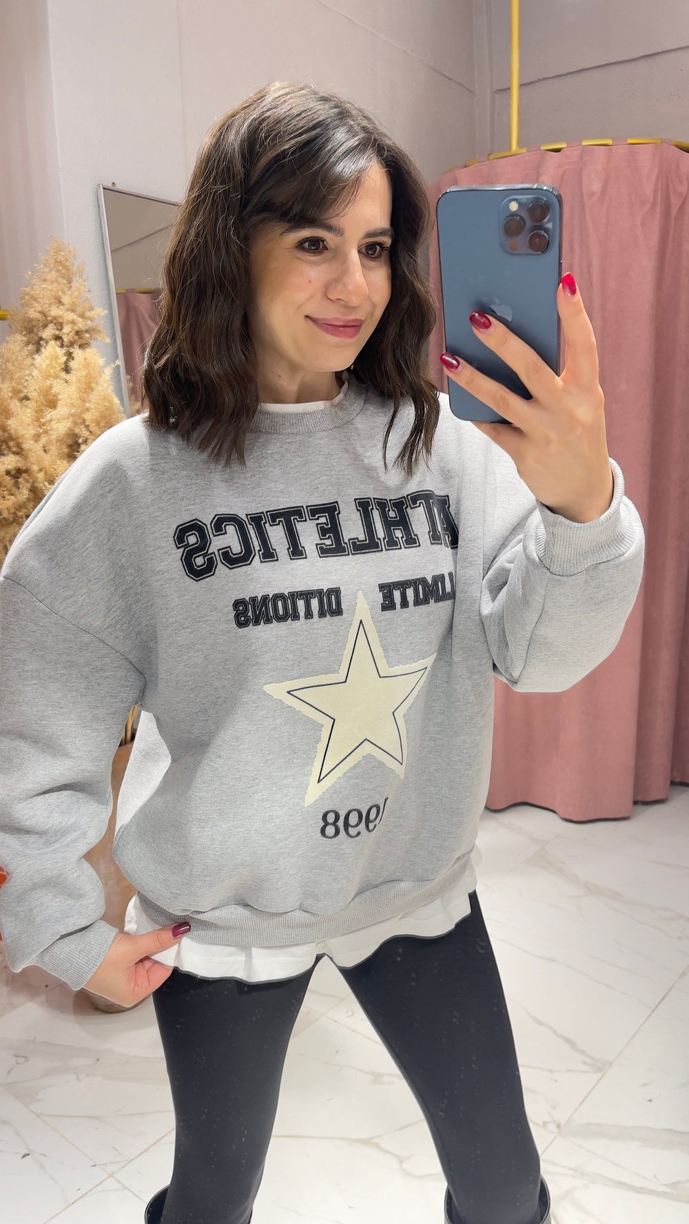 Yıldız Baskı Detaylı Sweatshirt-GRİ