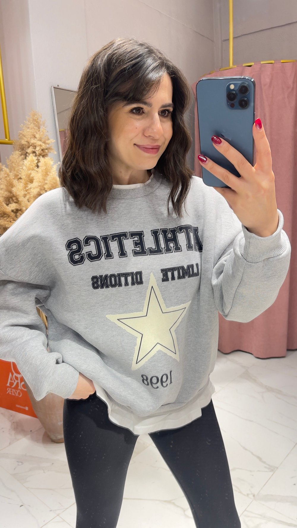 Yıldız Baskı Detaylı Sweatshirt-GRİ