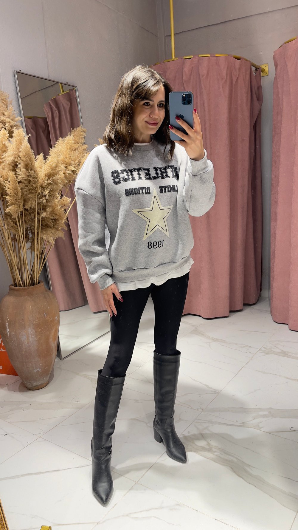 Yıldız Baskı Detaylı Sweatshirt-GRİ
