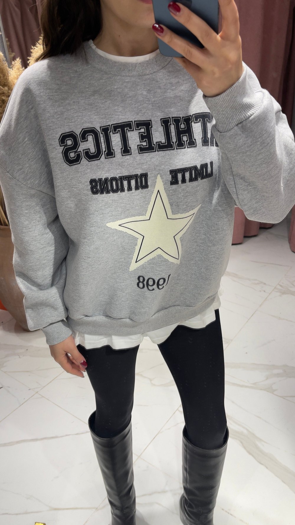 Yıldız Baskı Detaylı Sweatshirt-GRİ