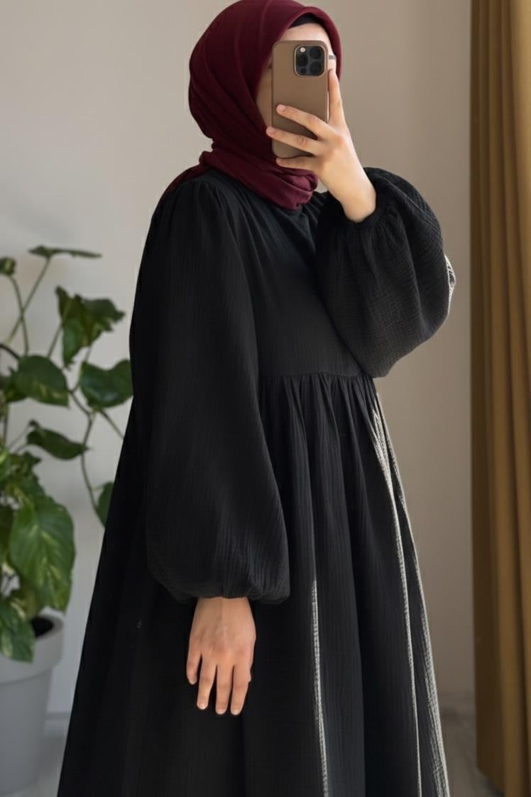 Classic Müslin Elbise - Siyah