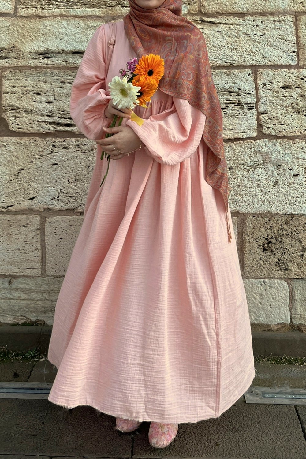 Classic Müslin Elbise - Toz pembe