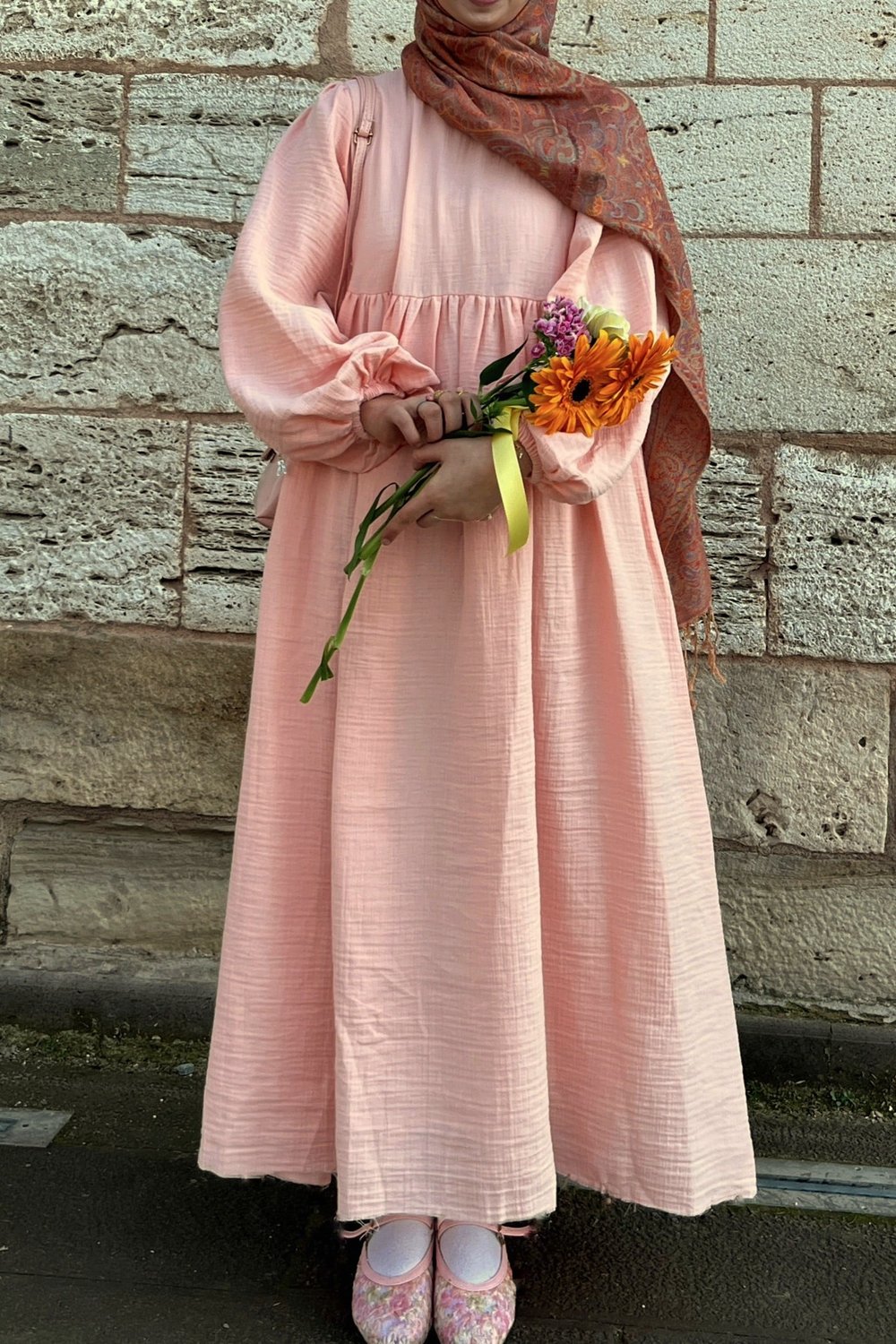 Classic Müslin Elbise - Toz pembe
