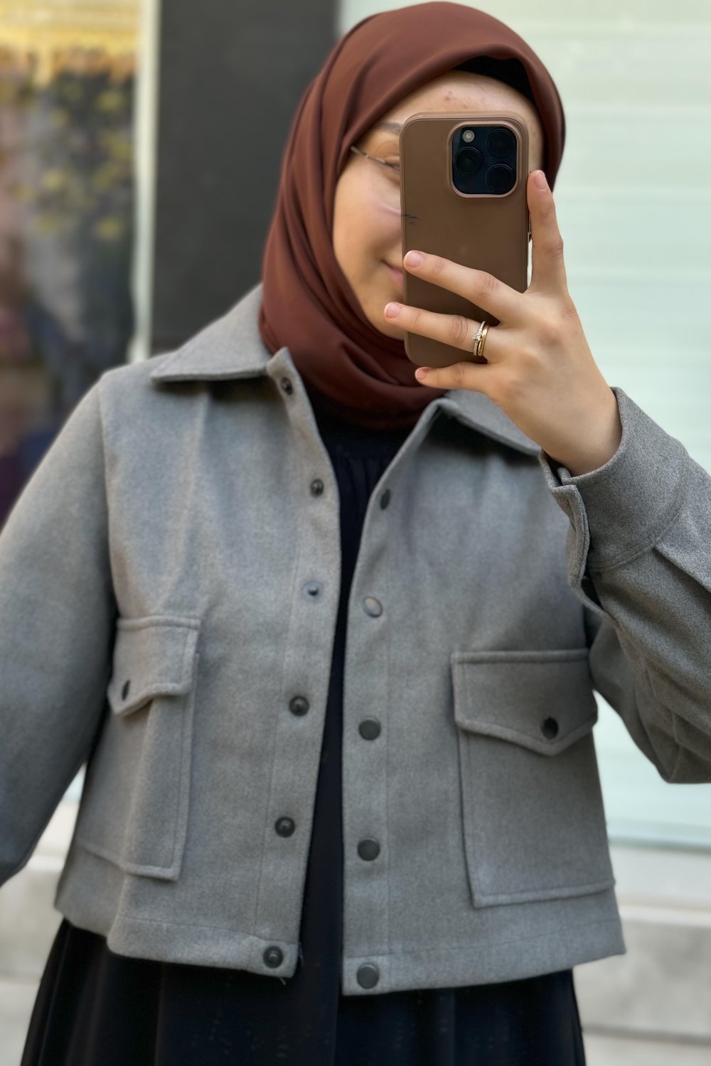 Crop Kaşe Ceket - Gri