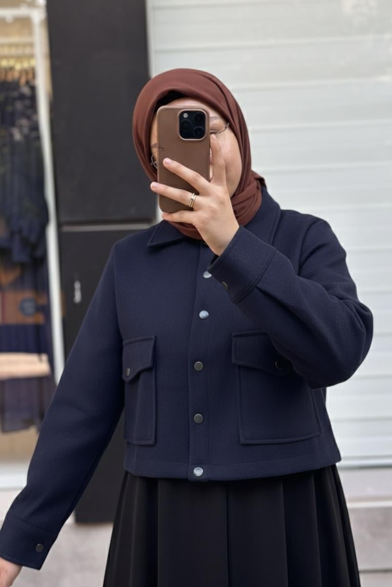 Ande Tesettür, Crop Kaşe Ceket, Crop Kaşe Ceket - Lacivert