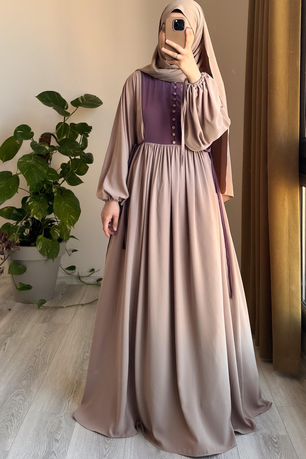 Düğmeli Garni Elbise - Bej/ Leylak