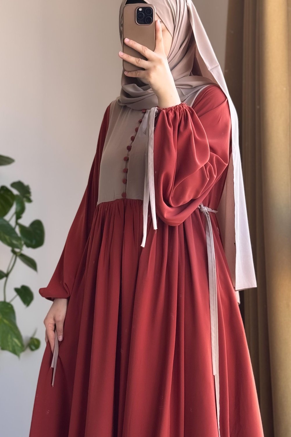 Düğmeli Garni Elbise - Kiremit/ Bej