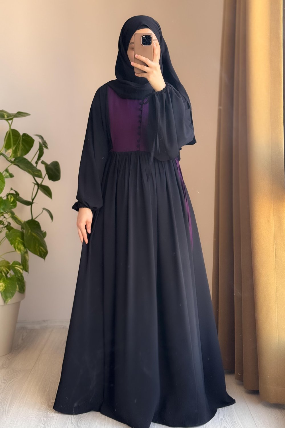 Düğmeli Garni Elbise - Siyah/ Mürdüm