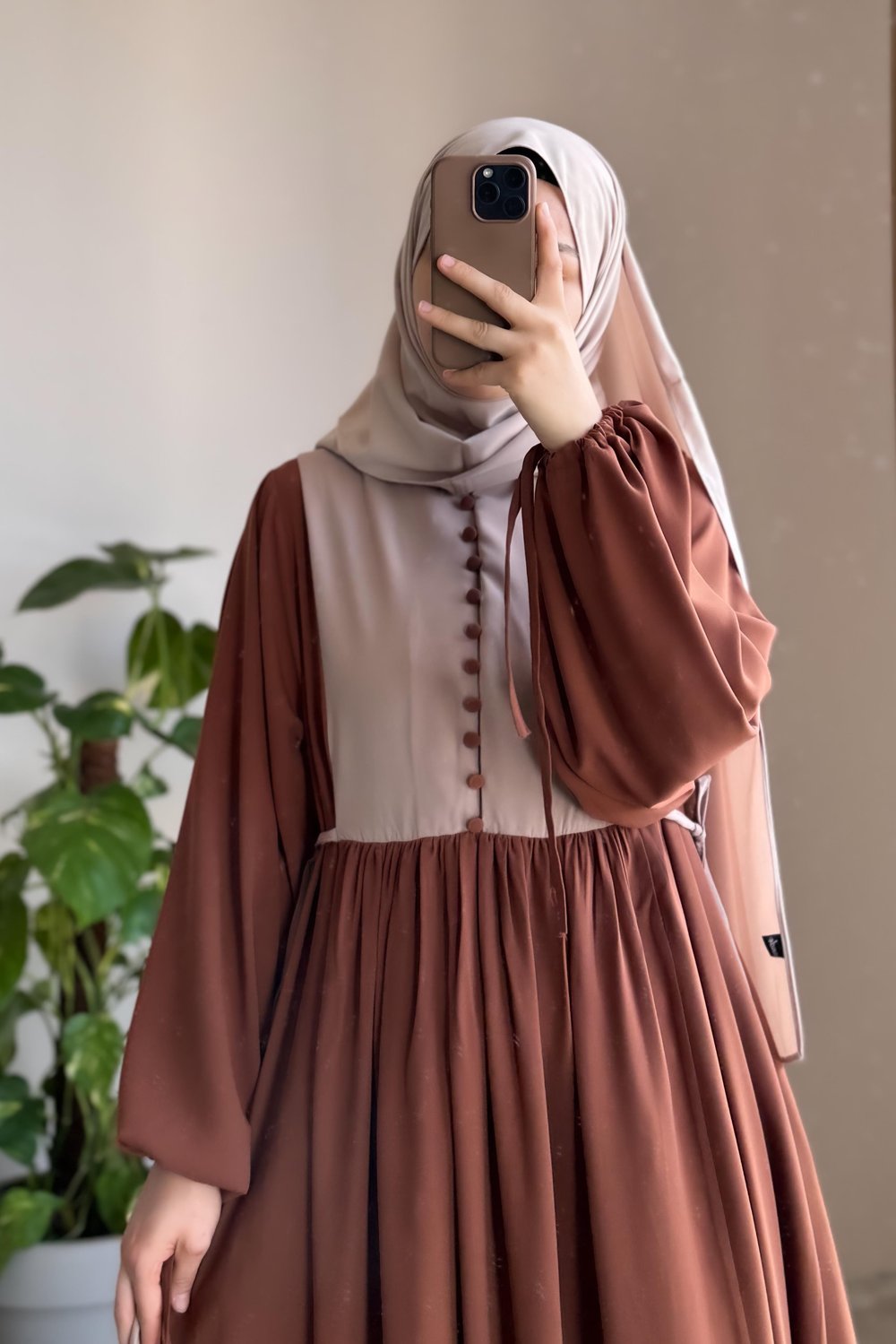 Düğmeli Garni Elbise - Taba/ Bej