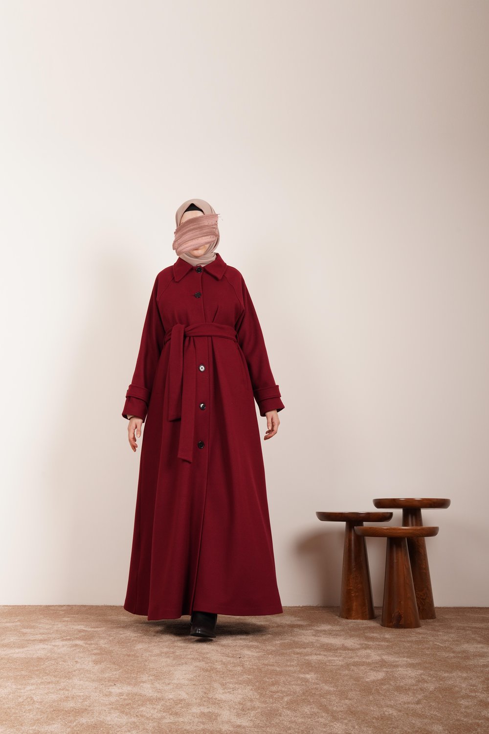 Düğmeli Kloş Kaban - Bordo