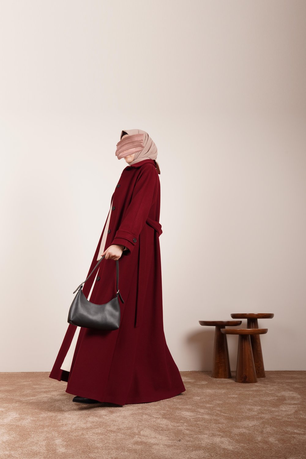 Düğmeli Kloş Kaban - Bordo