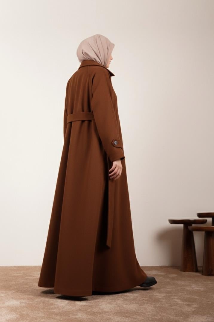 Düğmeli Kloş Kaban - Kahve