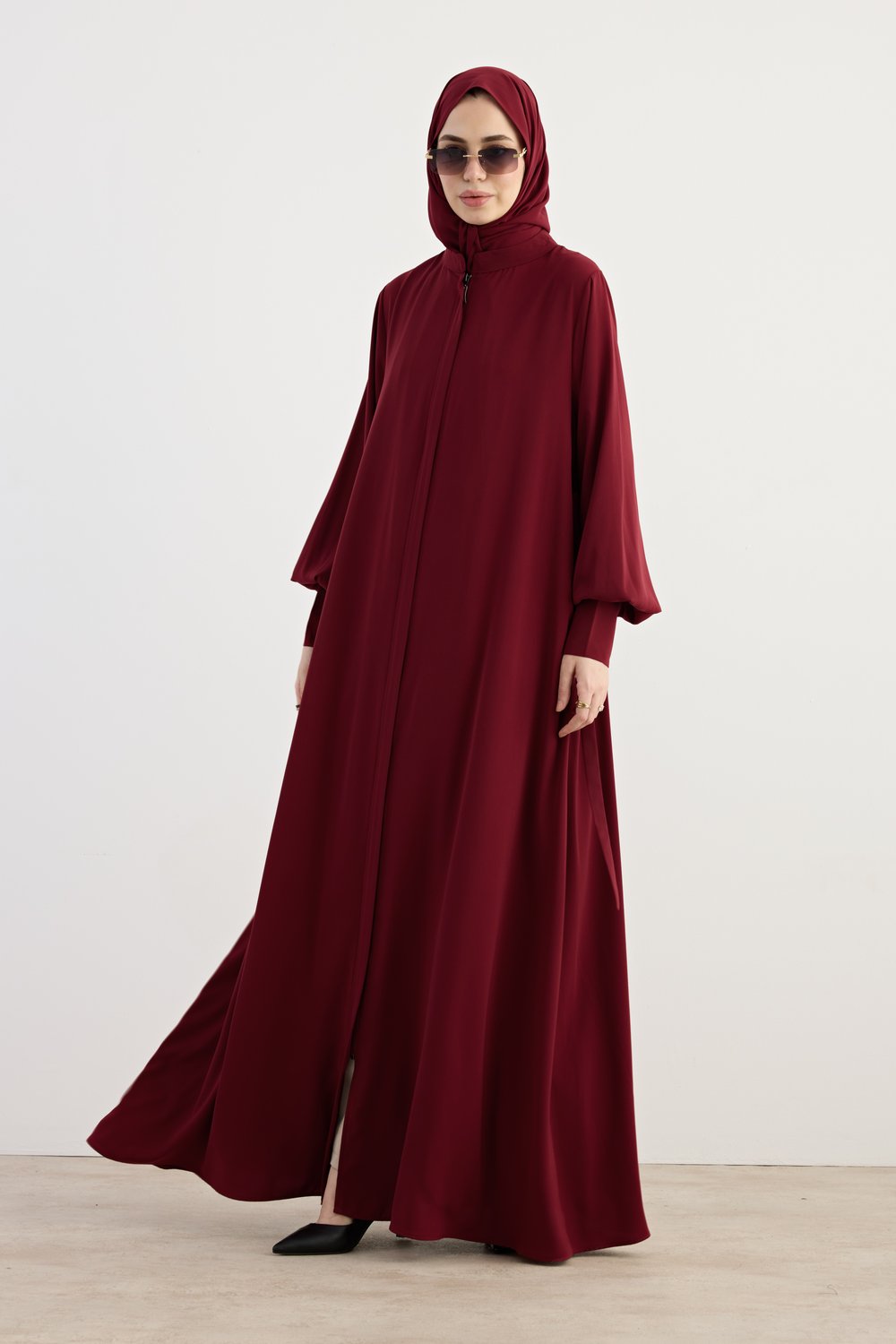 Fermuar Manşetli Ferace - Bordo
