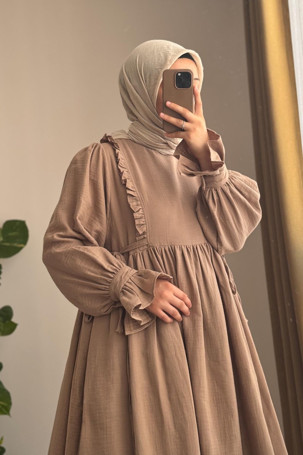 Fırfır Detaylı Müslin Elbise - Natural vizon
