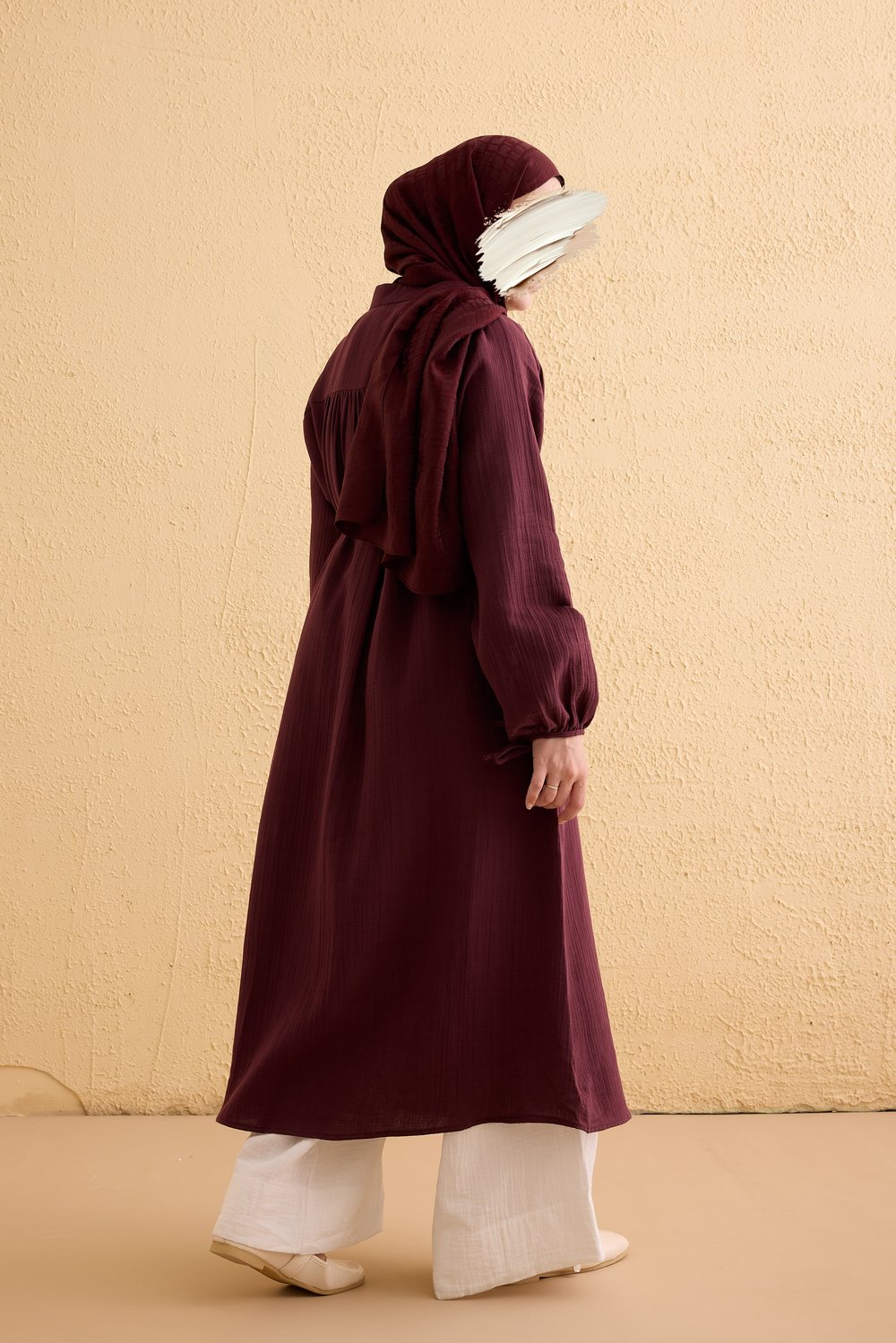 Kaplama Düğmeli Müslin Tunik - Mürdüm