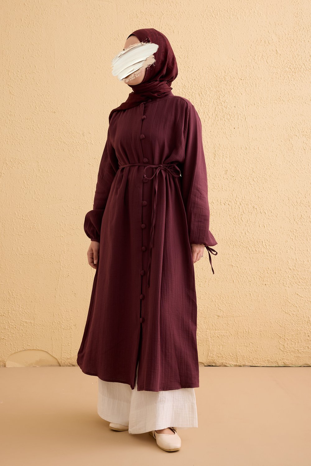 Kaplama Düğmeli Müslin Tunik - Mürdüm