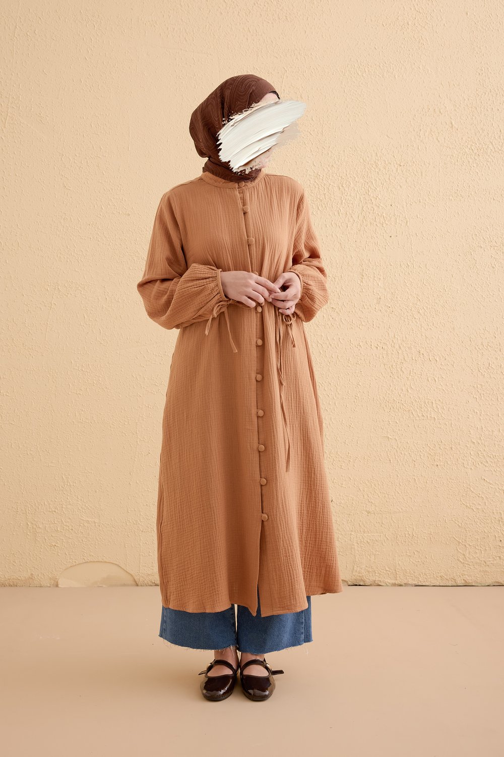 Kaplama Düğmeli Müslin Tunik - Natural kiremit