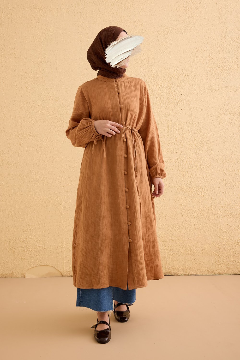 Kaplama Düğmeli Müslin Tunik - Natural kiremit