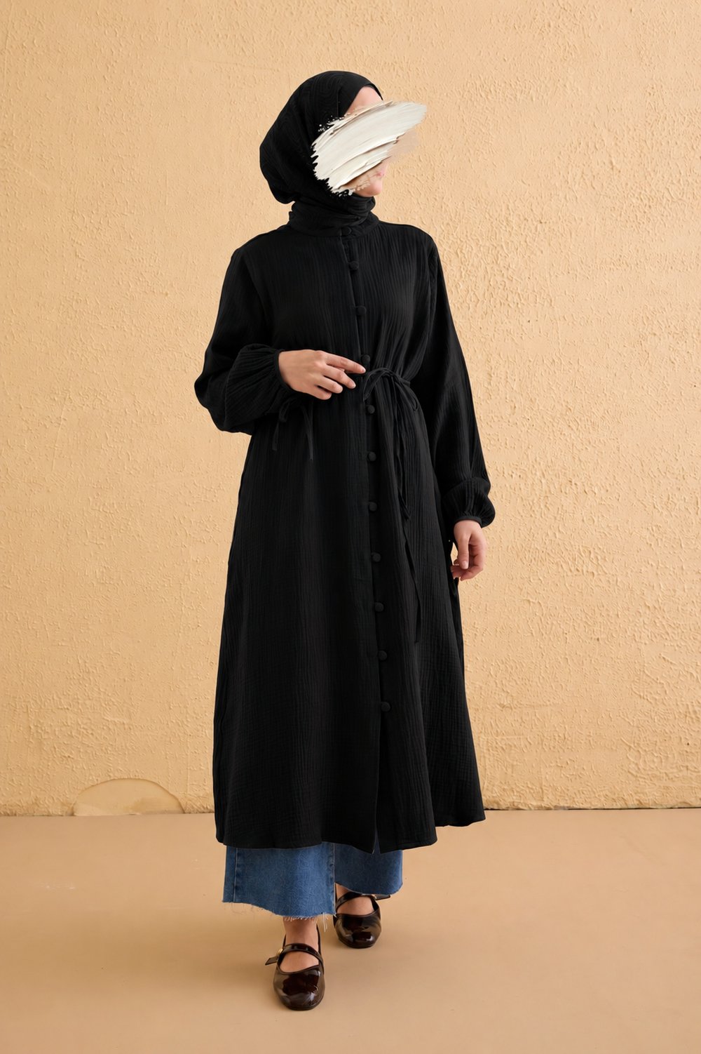 Ande Tesettür, Kaplama Düğmeli Müslin Tunik, Kaplama Düğmeli Müslin Tunik - Siyah