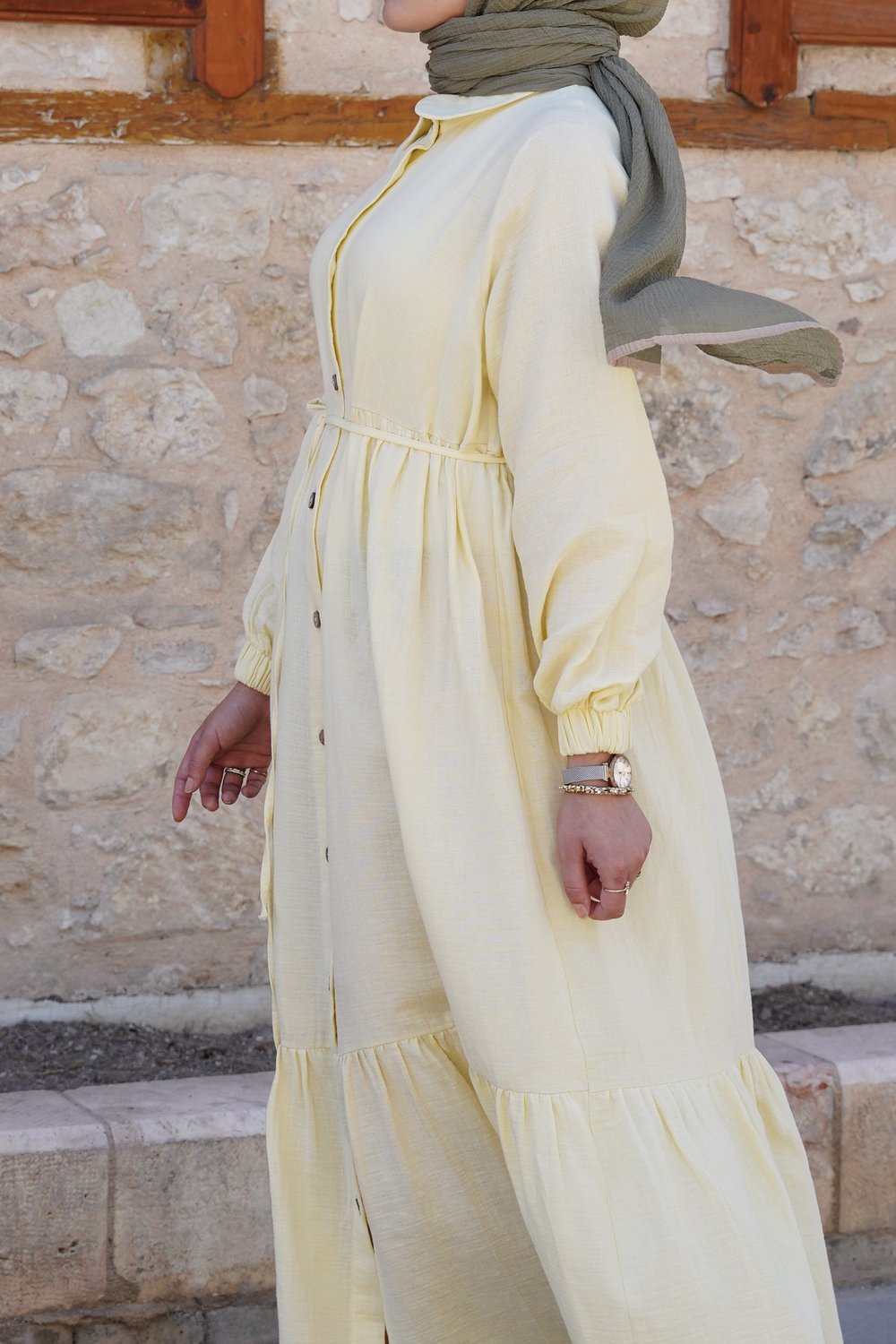 Katlı Müslin Elbise/ Ferace - soft sarı