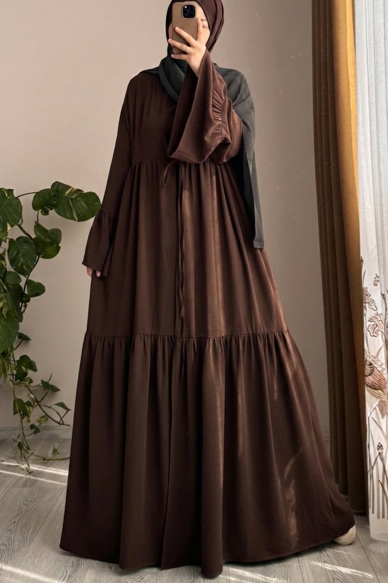 Kolu Fırfırlı Abaya Takım - Acı kahve
