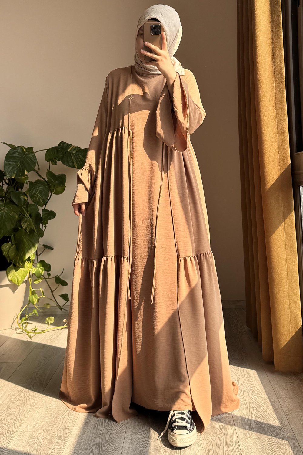 Kolu Fırfırlı Abaya Takım - Sütlü kahve