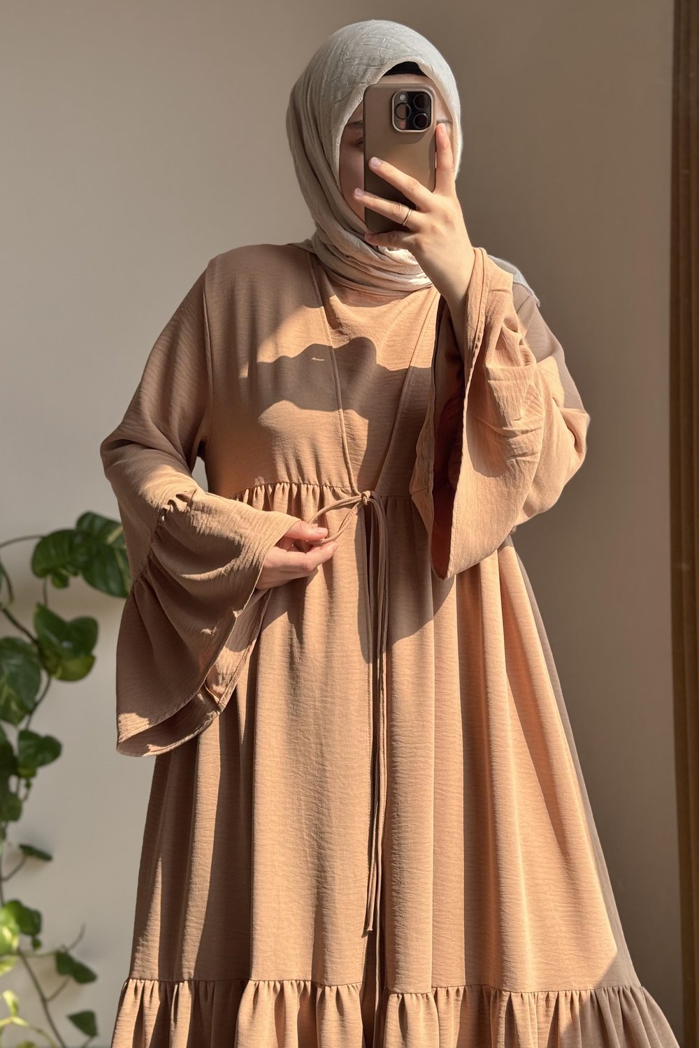 Kolu Fırfırlı Abaya Takım - Sütlü kahve