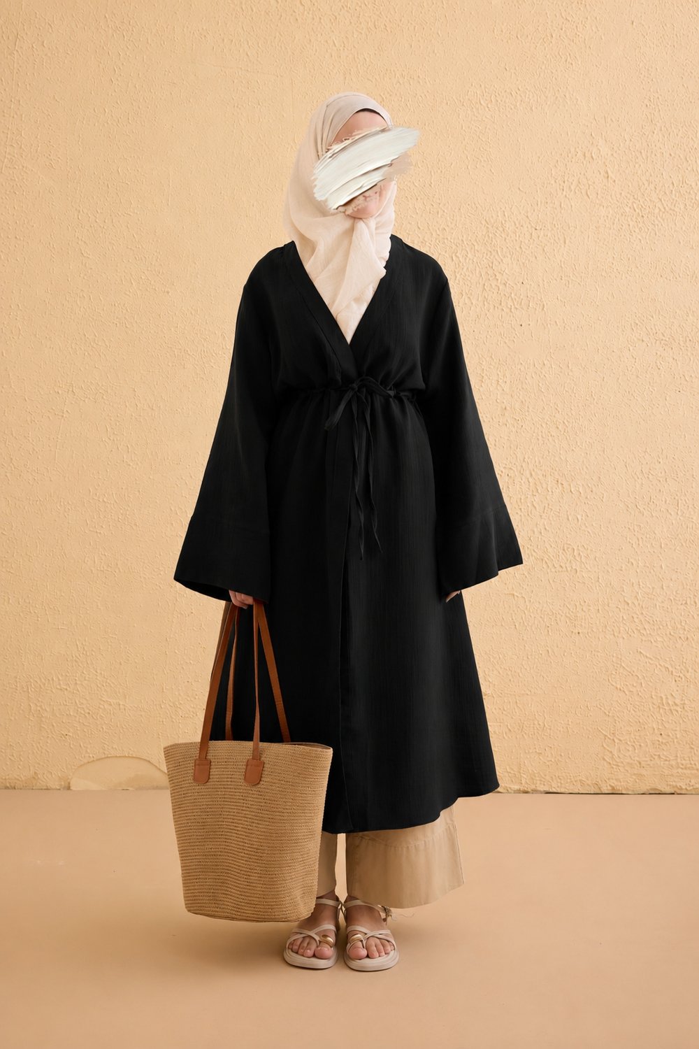 Ande Tesettür, Köprü Bağlamalı Müslin Kimono, Köprü Bağlamalı Müslin Kimono - Siyah