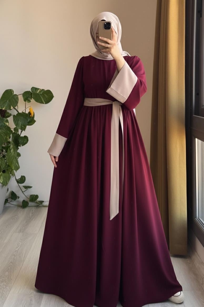 Ande Tesettür, Nisa Elbise, Nisa Elbise - Bordo/ Bej