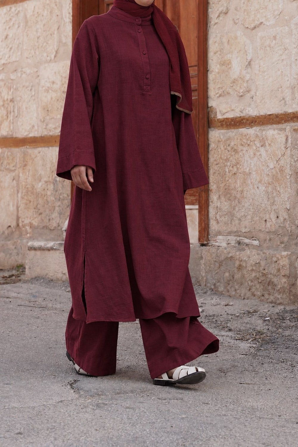 Pat Detaylı Keten Takım - Bordo